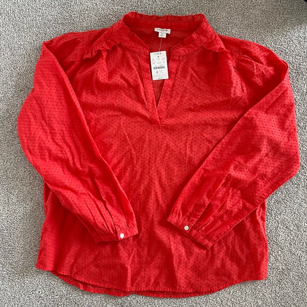 NWT J. Crew Factory Red Clip Dot Blouse Long Sleeve Size Medium Ruffles